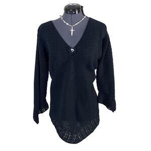 90s vintage black crochet bell sleeve sweater boho whimsigoth | size L